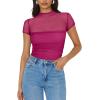 imageREORIA Womens Sexy Mock Turtle Neck Short Sleeve Shirts Sheer Mesh Ruched Trendy Going Out Bodysuits TopsRose Red