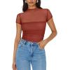 imageREORIA Womens Sexy Mock Turtle Neck Short Sleeve Shirts Sheer Mesh Ruched Trendy Going Out Bodysuits TopsRusty Red