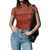 imageREORIA Womens Sexy Mock Turtle Neck Short Sleeve Shirts Sheer Mesh Ruched Trendy Going Out Bodysuits TopsRusty Red