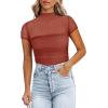 imageREORIA Womens Sexy Mock Turtle Neck Short Sleeve Shirts Sheer Mesh Ruched Trendy Going Out Bodysuits TopsRusty Red
