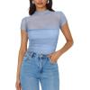imageREORIA Womens Sexy Mock Turtle Neck Short Sleeve Shirts Sheer Mesh Ruched Trendy Going Out Bodysuits TopsSky Blue