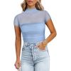 imageREORIA Womens Sexy Mock Turtle Neck Short Sleeve Shirts Sheer Mesh Ruched Trendy Going Out Bodysuits TopsSky Blue