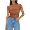 imageREORIA Womens Sexy Mock Turtle Neck Short Sleeve Shirts Sheer Mesh Ruched Trendy Going Out Bodysuits TopsTopaz