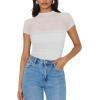 imageREORIA Womens Sexy Mock Turtle Neck Short Sleeve Shirts Sheer Mesh Ruched Trendy Going Out Bodysuits TopsWhite