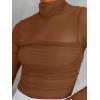 imageREORIA Womens Trendy Sexy Mock Turtle Neck Long Sleeve Sheer Mesh Ruched Going Out Bodysuits TopsBrown