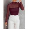 imageREORIA Womens Trendy Sexy Mock Turtle Neck Long Sleeve Sheer Mesh Ruched Going Out Bodysuits TopsBurgundy