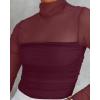 imageREORIA Womens Trendy Sexy Mock Turtle Neck Long Sleeve Sheer Mesh Ruched Going Out Bodysuits TopsBurgundy
