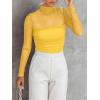 imageREORIA Womens Trendy Sexy Mock Turtle Neck Long Sleeve Sheer Mesh Ruched Going Out Bodysuits TopsYellow