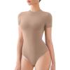 imageREORIA Womens Crew Neck Short Sleeve Thong Bodysuits Double Lined Comfy Slim T Shirt TopsKhaki