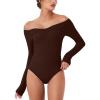 imageREORIA Womens Long Sleeve OffShoulder Strapless VNeck Double Layer Sexy Bodysuit 2025 FallWinter Designer CollectionCocoa