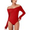 imageREORIA Womens Long Sleeve OffShoulder Strapless VNeck Double Layer Sexy Bodysuit 2025 FallWinter Designer CollectionRed