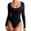 imageREORIA Womens Sexy Basic Sexy Scoop Long Sleeve Double Lined Layering Slim Bodysuit TopsBlack