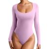 imageREORIA Womens Sexy Basic Sexy Scoop Long Sleeve Double Lined Layering Slim Bodysuit TopsCoral Pink