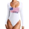 imageREORIA Womens Sexy Basic Sexy Scoop Long Sleeve Double Lined Layering Slim Bodysuit TopsUs Flag Theme