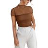 imageREORIA Womens Sexy Mock Turtle Neck Short Sleeve Shirts Sheer Mesh Ruched Trendy Going Out Bodysuits TopsCoffee