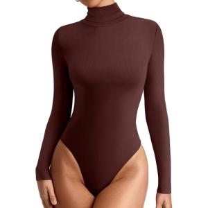 imageREORIA Womens Basic Long Sleeve Ribbed Turtleneck Leotard Stretchy Bodysuit Tops Jumpsuits02coffee