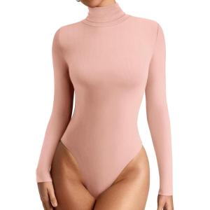 imageREORIA Womens Basic Long Sleeve Ribbed Turtleneck Leotard Stretchy Bodysuit Tops Jumpsuits09pink