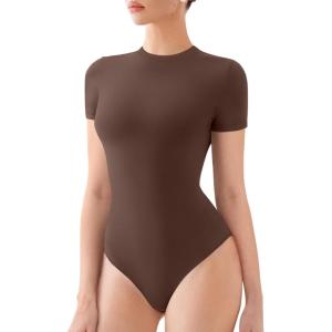 imageREORIA Womens Crew Neck Short Sleeve Thong Bodysuits Double Lined Comfy Slim T Shirt TopsBrown