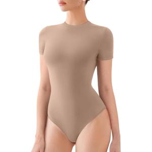 imageREORIA Womens Crew Neck Short Sleeve Thong Bodysuits Double Lined Comfy Slim T Shirt TopsKhaki