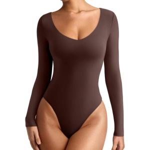 imageREORIA Womens Long Sleeve Bodysuits Basic V Neck Slim Comfy Lightweight Layering Going Out Tops Fall Winter OutfitsCoffee