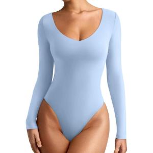 imageREORIA Womens Long Sleeve Bodysuits Basic V Neck Slim Comfy Lightweight Layering Going Out Tops Fall Winter OutfitsLight Blue