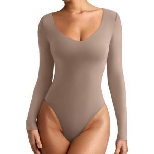 imageREORIA Womens Long Sleeve Bodysuits Basic V Neck Slim Comfy Lightweight Layering Going Out Tops Fall Winter OutfitsLight Coffee