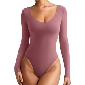 imageREORIA Womens Long Sleeve Bodysuits Basic V Neck Slim Comfy Lightweight Layering Going Out Tops Fall Winter OutfitsMasala