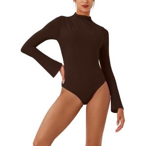 imageREORIA Womens Long Sleeve High Neck Bodysuit Ruching Elegant Bell Sleeve Tops 2025 FallWinter Designer CollectionCocoa