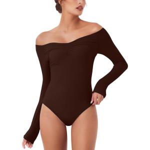 imageREORIA Womens Long Sleeve OffShoulder Strapless VNeck Double Layer Sexy Bodysuit 2025 FallWinter Designer CollectionCocoa