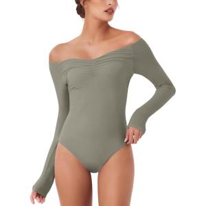 imageREORIA Womens Long Sleeve OffShoulder Strapless VNeck Double Layer Sexy Bodysuit 2025 FallWinter Designer CollectionGrayish Green