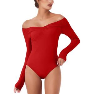 imageREORIA Womens Long Sleeve OffShoulder Strapless VNeck Double Layer Sexy Bodysuit 2025 FallWinter Designer CollectionRed