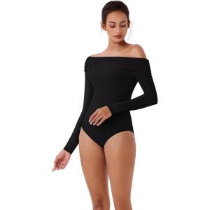 imageREORIA Womens Long Sleeve Single OffShoulder Bodysuit Ruching Sexy Elegant Tops 2025 FallWinter Designer CollectionBlack