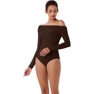 imageREORIA Womens Long Sleeve Single OffShoulder Bodysuit Ruching Sexy Elegant Tops 2025 FallWinter Designer CollectionCocoa