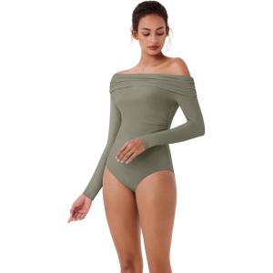 imageREORIA Womens Long Sleeve Single OffShoulder Bodysuit Ruching Sexy Elegant Tops 2025 FallWinter Designer CollectionGrayish Green