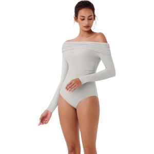 imageREORIA Womens Long Sleeve Single OffShoulder Bodysuit Ruching Sexy Elegant Tops 2025 FallWinter Designer CollectionGrey