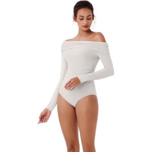 imageREORIA Womens Long Sleeve Single OffShoulder Bodysuit Ruching Sexy Elegant Tops 2025 FallWinter Designer CollectionOffwhite