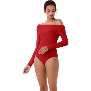 imageREORIA Womens Long Sleeve Single OffShoulder Bodysuit Ruching Sexy Elegant Tops 2025 FallWinter Designer CollectionRed