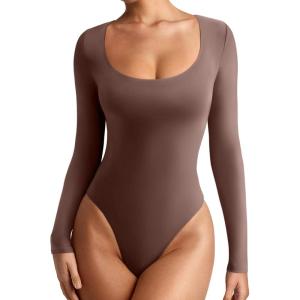 imageREORIA Womens Sexy Basic Sexy Scoop Long Sleeve Double Lined Layering Slim Bodysuit TopsCoffee