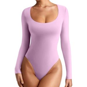 imageREORIA Womens Sexy Basic Sexy Scoop Long Sleeve Double Lined Layering Slim Bodysuit TopsCoral Pink
