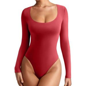 imageREORIA Womens Sexy Basic Sexy Scoop Long Sleeve Double Lined Layering Slim Bodysuit TopsRed