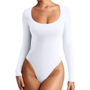 imageREORIA Womens Sexy Basic Sexy Scoop Long Sleeve Double Lined Layering Slim Bodysuit TopsWhite