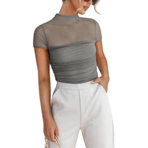 imageREORIA Womens Sexy Mock Turtle Neck Short Sleeve Shirts Sheer Mesh Ruched Trendy Going Out Bodysuits TopsAntique Pewter