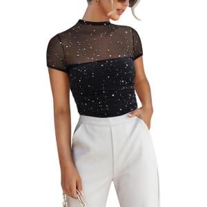 imageREORIA Womens Sexy Mock Turtle Neck Short Sleeve Shirts Sheer Mesh Ruched Trendy Going Out Bodysuits TopsBlack Glitter