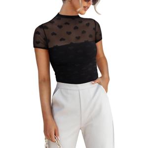 imageREORIA Womens Sexy Mock Turtle Neck Short Sleeve Shirts Sheer Mesh Ruched Trendy Going Out Bodysuits TopsBlack Heart