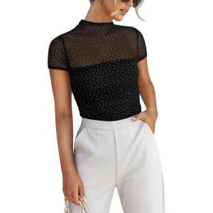 imageREORIA Womens Sexy Mock Turtle Neck Short Sleeve Shirts Sheer Mesh Ruched Trendy Going Out Bodysuits TopsBlack Sequin