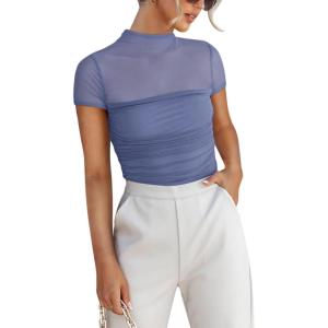 imageREORIA Womens Sexy Mock Turtle Neck Short Sleeve Shirts Sheer Mesh Ruched Trendy Going Out Bodysuits TopsBlue Nova