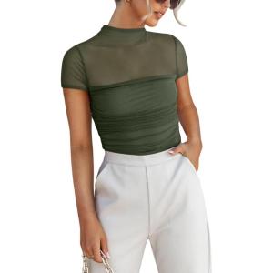 imageREORIA Womens Sexy Mock Turtle Neck Short Sleeve Shirts Sheer Mesh Ruched Trendy Going Out Bodysuits TopsDark Green