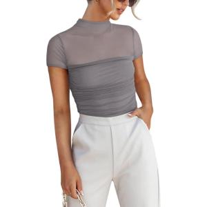 imageREORIA Womens Sexy Mock Turtle Neck Short Sleeve Shirts Sheer Mesh Ruched Trendy Going Out Bodysuits TopsDeep Grey
