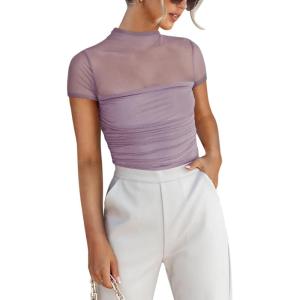 imageREORIA Womens Sexy Mock Turtle Neck Short Sleeve Shirts Sheer Mesh Ruched Trendy Going Out Bodysuits TopsHazy Lilac