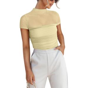 imageREORIA Womens Sexy Mock Turtle Neck Short Sleeve Shirts Sheer Mesh Ruched Trendy Going Out Bodysuits TopsHoneybee